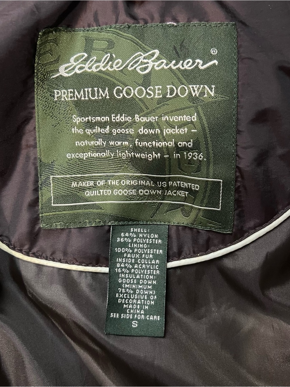 Eddie Bauer Premium Goose Down Bronzed Brown Coat Size S - Picture 6 of 7